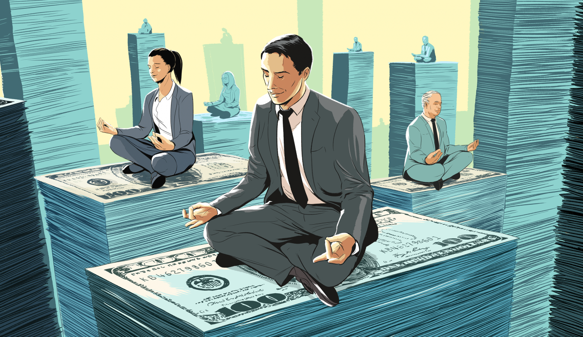 animated business man makes a yoga pose over stack of money, to illustrating the spirit of the holistic budgeting strategy