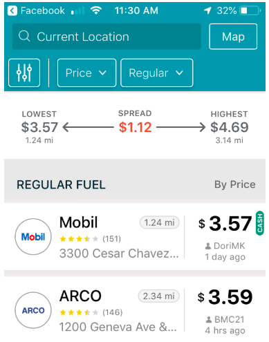 Screenshot of reverse-sorted GasBuddy results for iOS